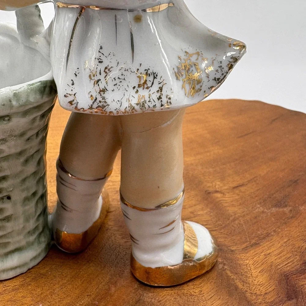 Vintage Vase Porcelain Girl With Basket Planter Long Lashes With Flowers